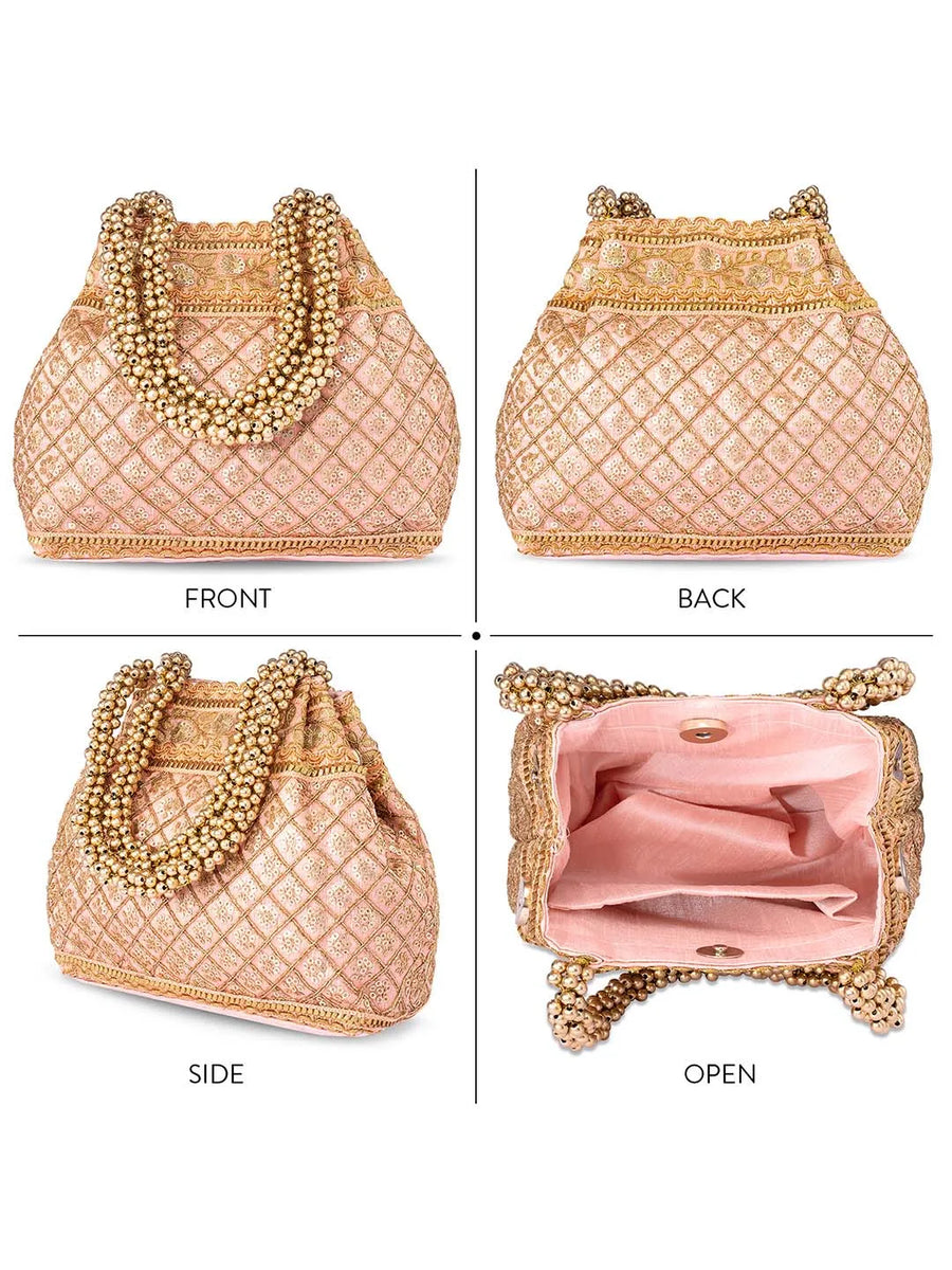 Peach Beaded Handle Embroidered Potli Bag