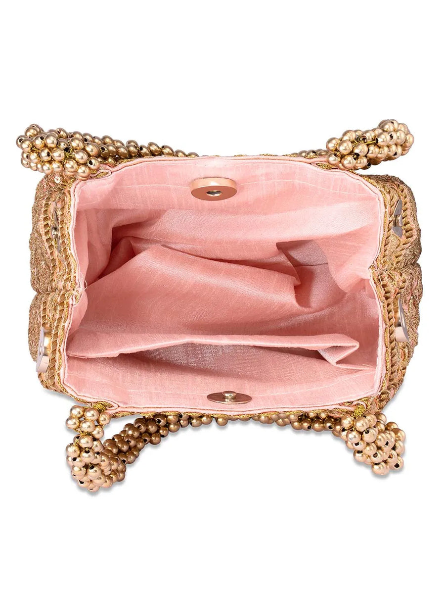 Peach Beaded Handle Embroidered Potli Bag