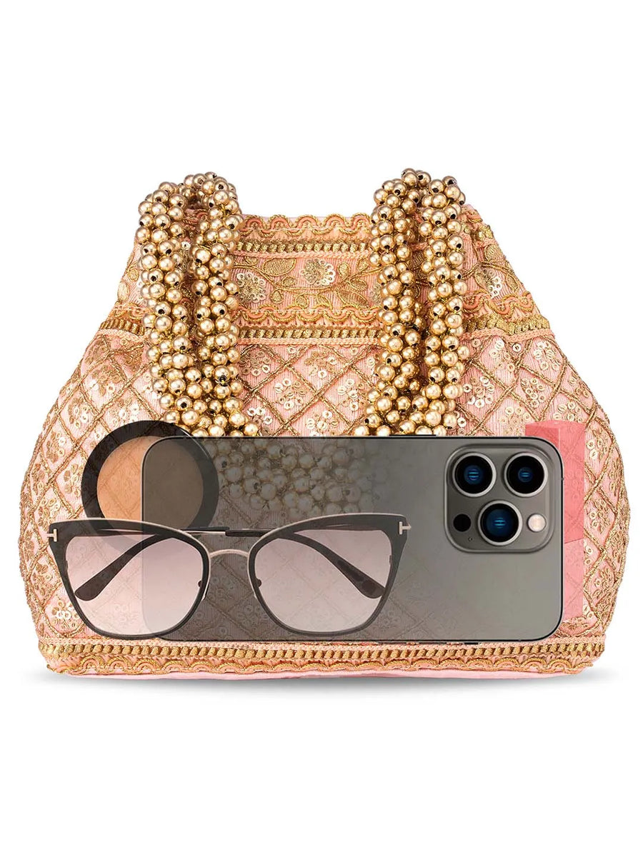 Peach Beaded Handle Embroidered Potli Bag