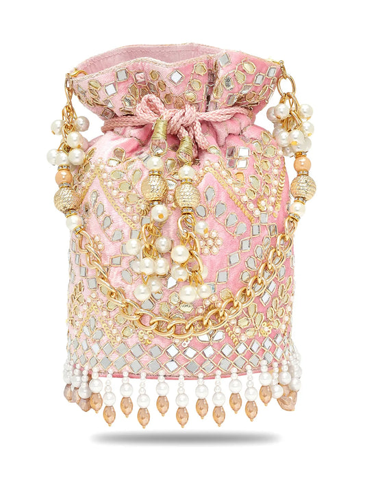 Handcrafted Blush Potli with Mirror Beads - Light Pink