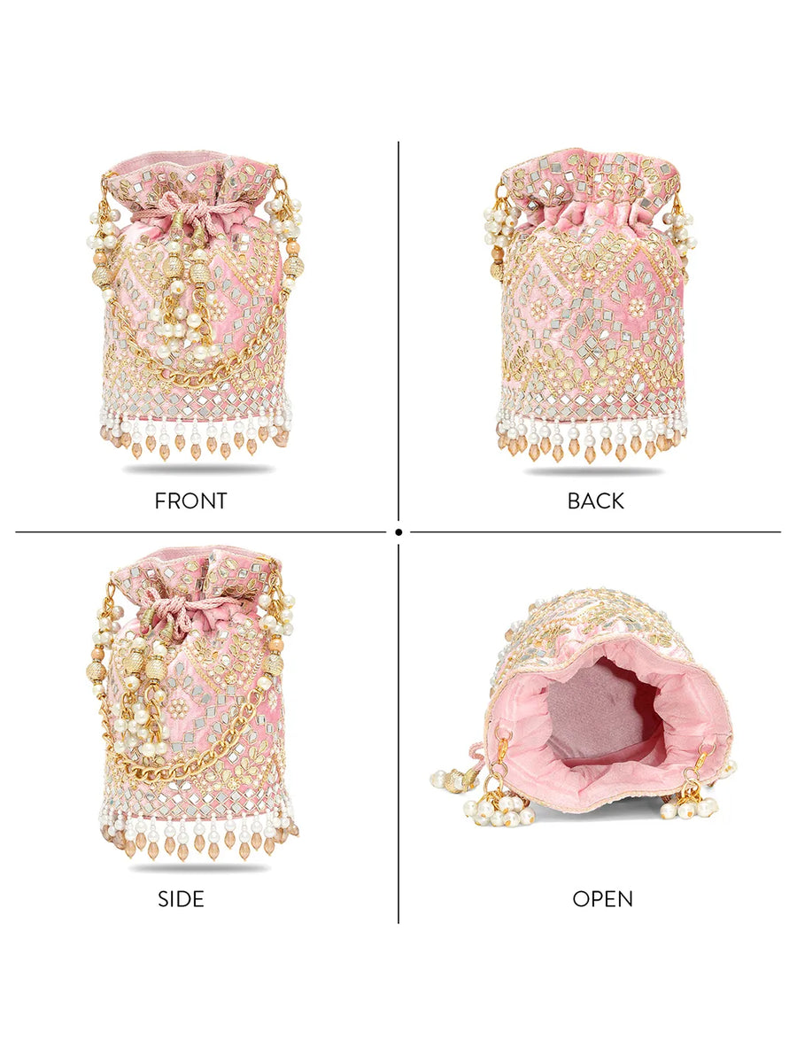 Handcrafted Blush Potli with Mirror Beads - Light Pink