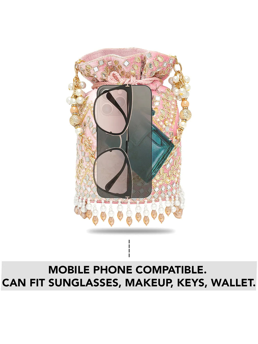 Handcrafted Blush Potli with Mirror Beads - Light Pink