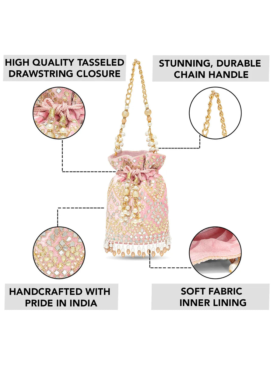 Handcrafted Blush Potli with Mirror Beads - Light Pink
