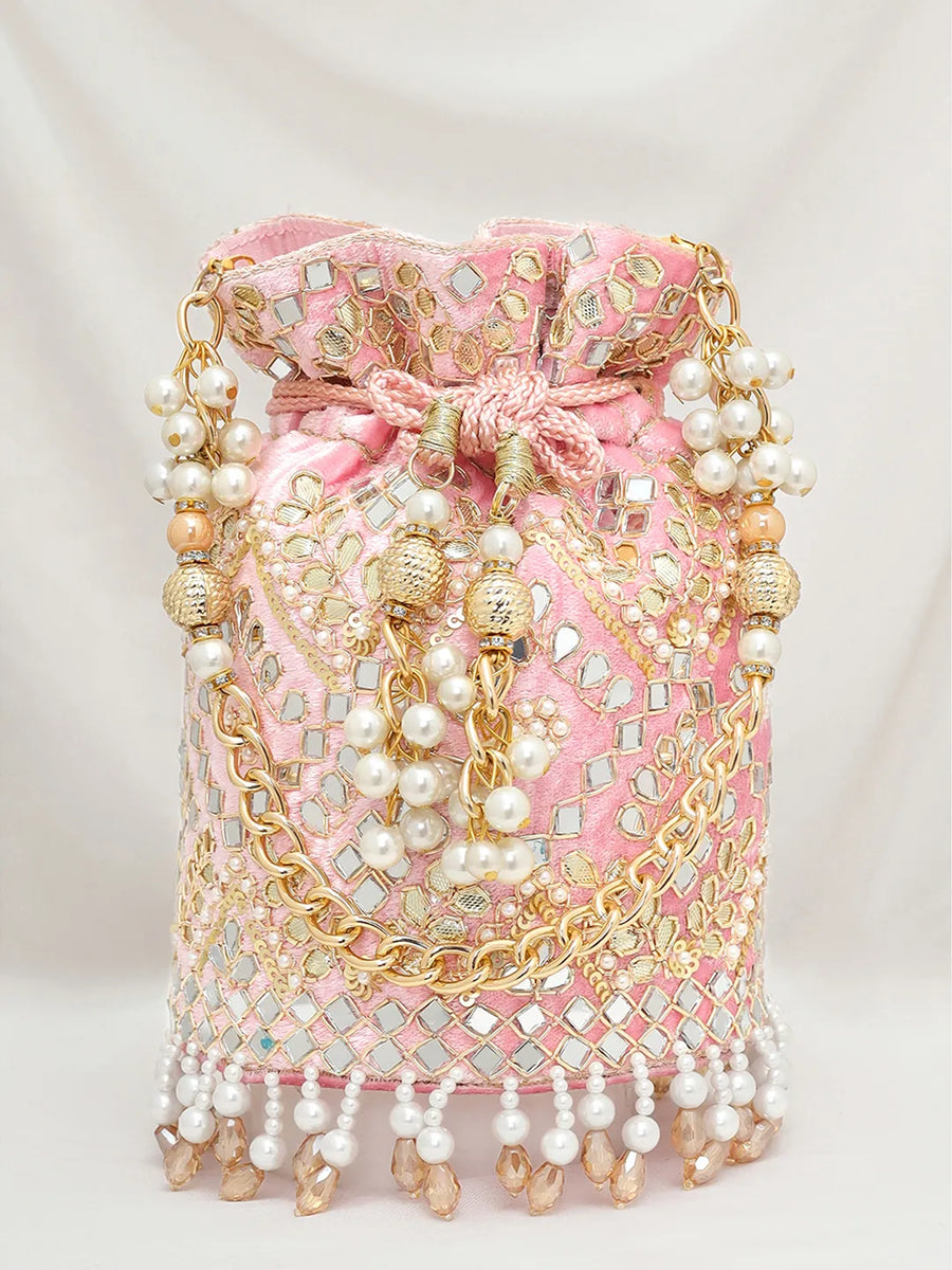 Handcrafted Blush Potli with Mirror Beads - Light Pink