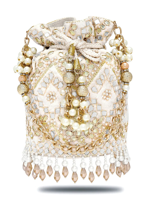 Handcrafted Blush Potli with Mirror Beads - Golden White