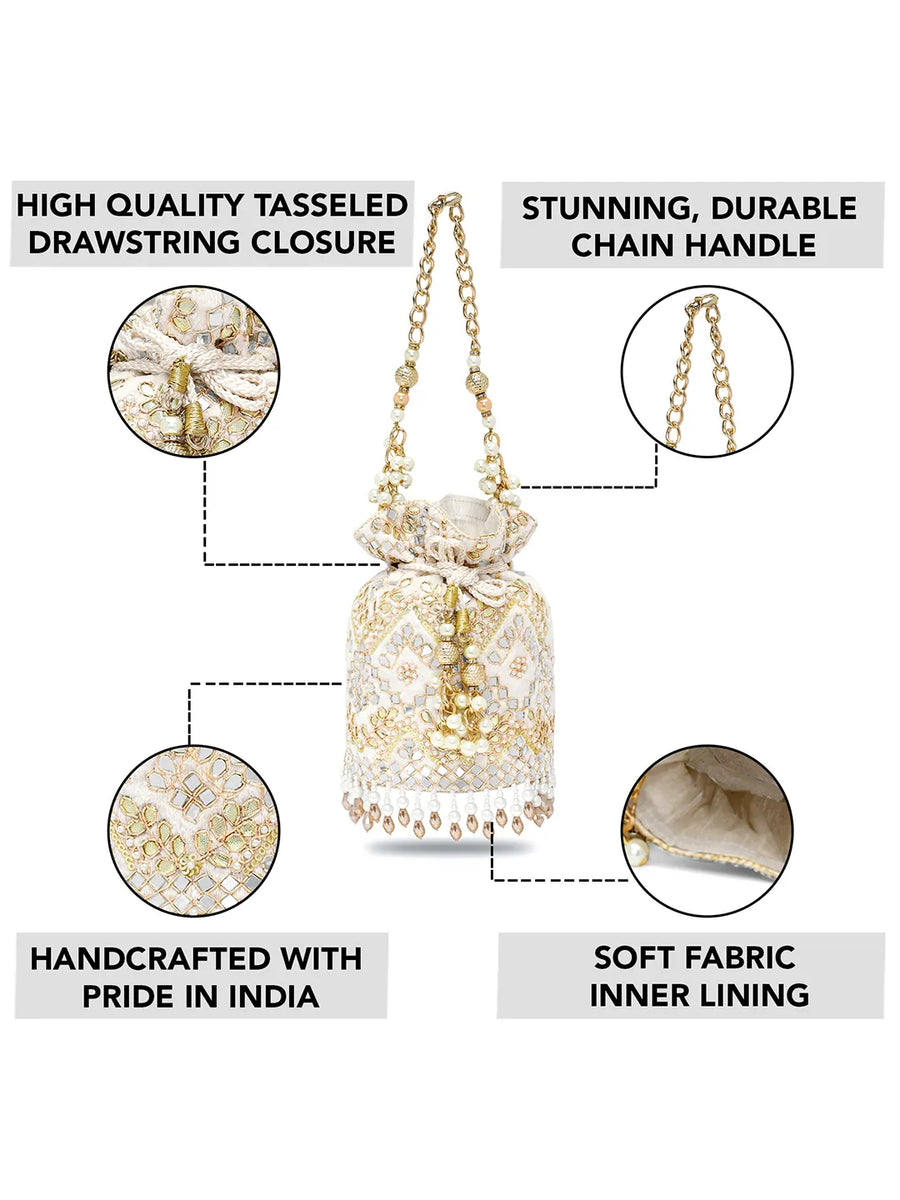 Handcrafted Blush Potli with Mirror Beads - Golden White
