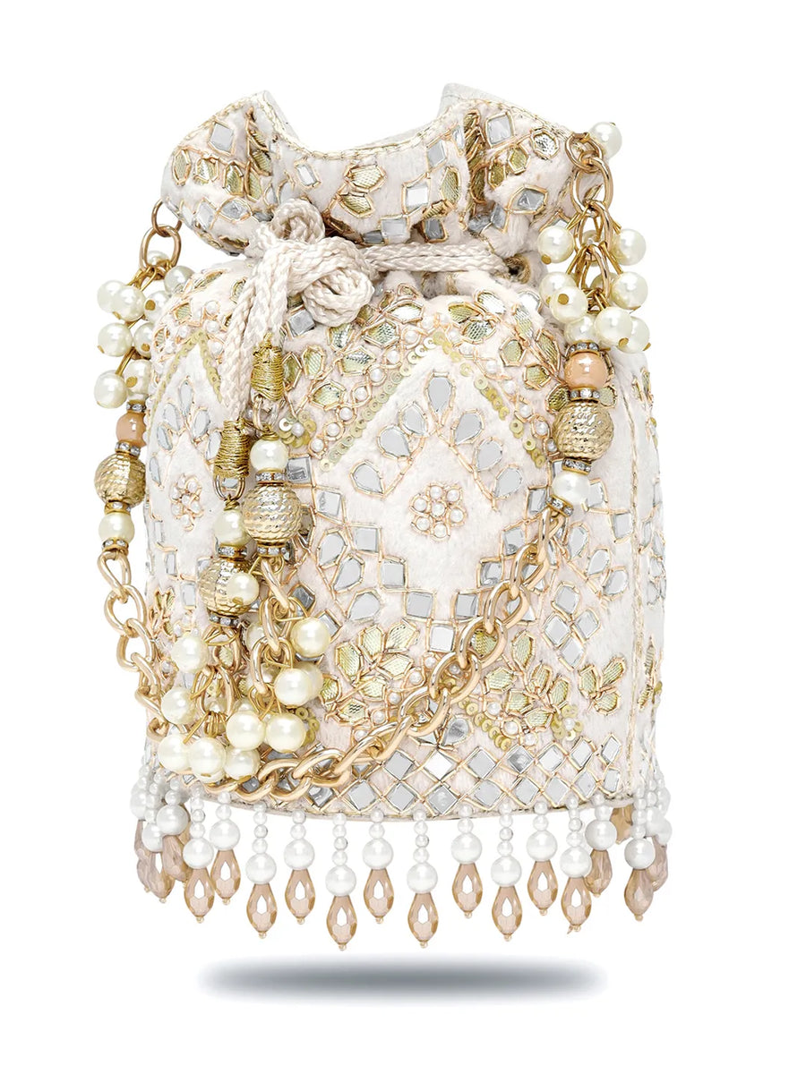 Handcrafted Blush Potli with Mirror Beads - Golden White