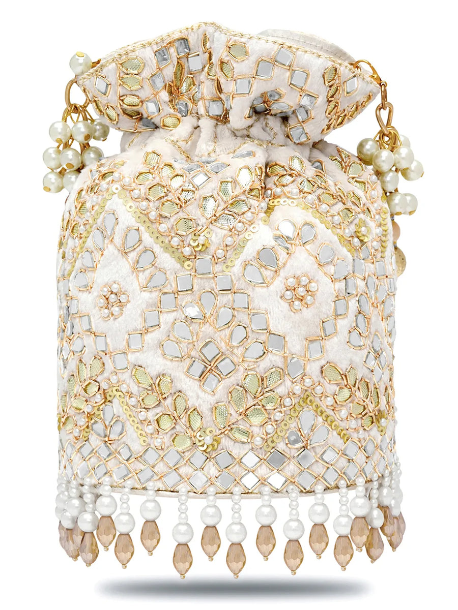 Handcrafted Blush Potli with Mirror Beads - Golden White