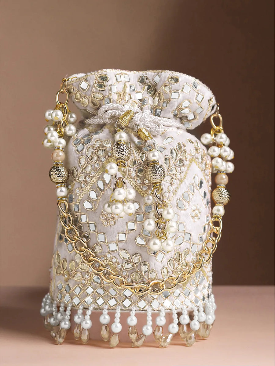 Handcrafted Blush Potli with Mirror Beads - Golden White