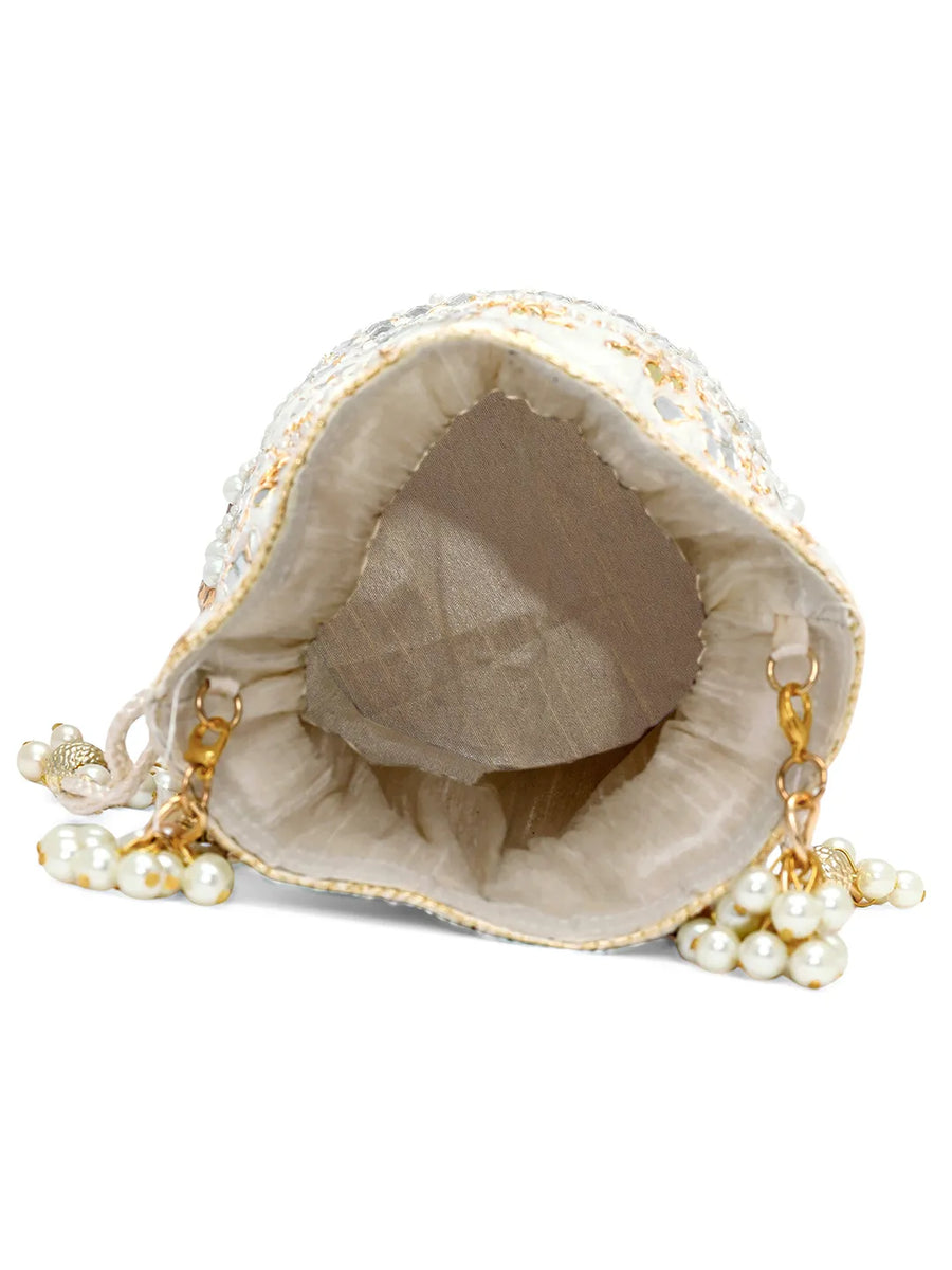 Handcrafted Blush Potli with Mirror Beads - Golden White