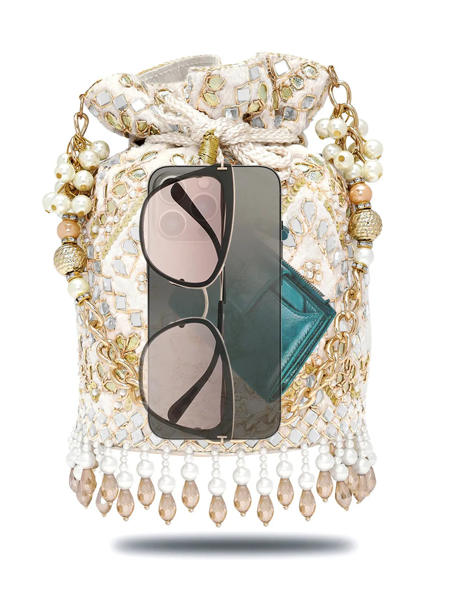 Handcrafted Blush Potli with Mirror Beads - Golden White