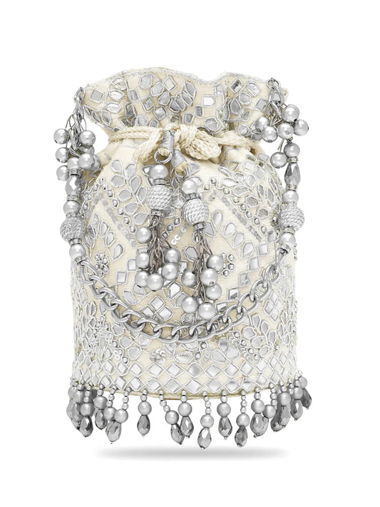 Handcrafted Blush Potli with Mirror Beads - Silver White