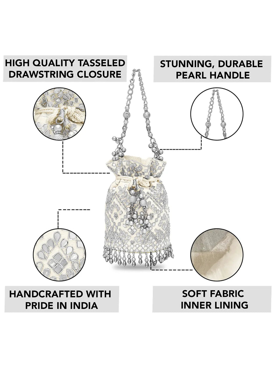 Handcrafted Blush Potli with Mirror Beads - Silver White