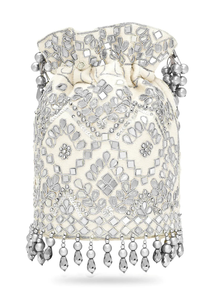 Handcrafted Blush Potli with Mirror Beads - Silver White