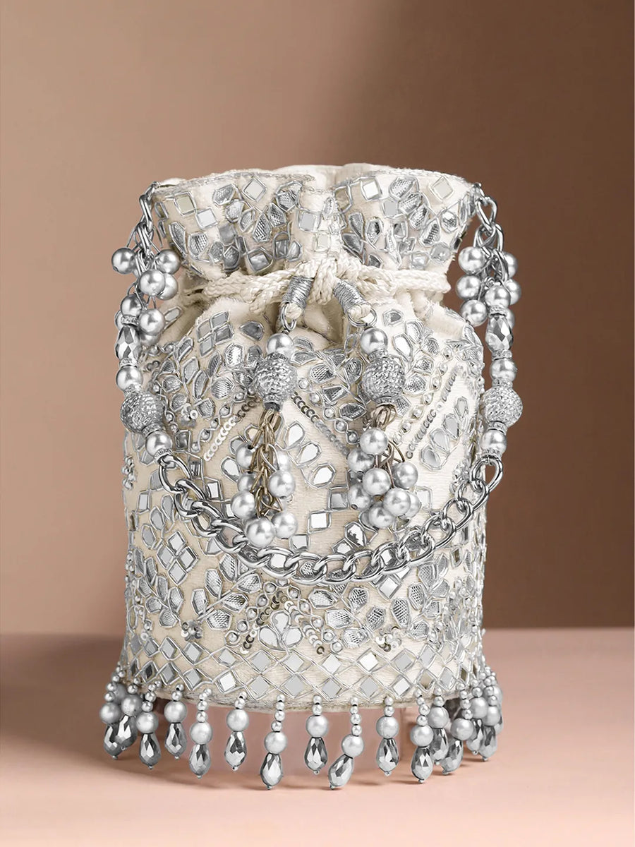 Handcrafted Blush Potli with Mirror Beads - Silver White