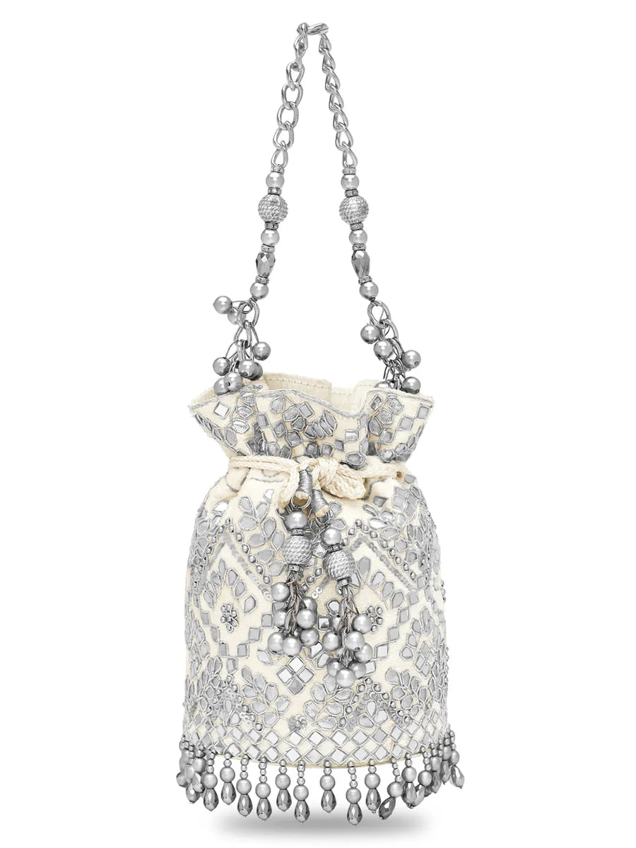 Handcrafted Blush Potli with Mirror Beads - Silver White
