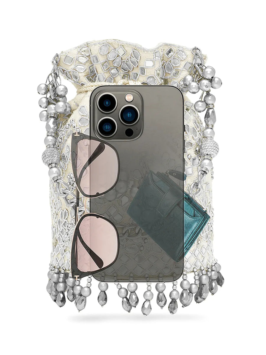 Handcrafted Blush Potli with Mirror Beads - Silver White