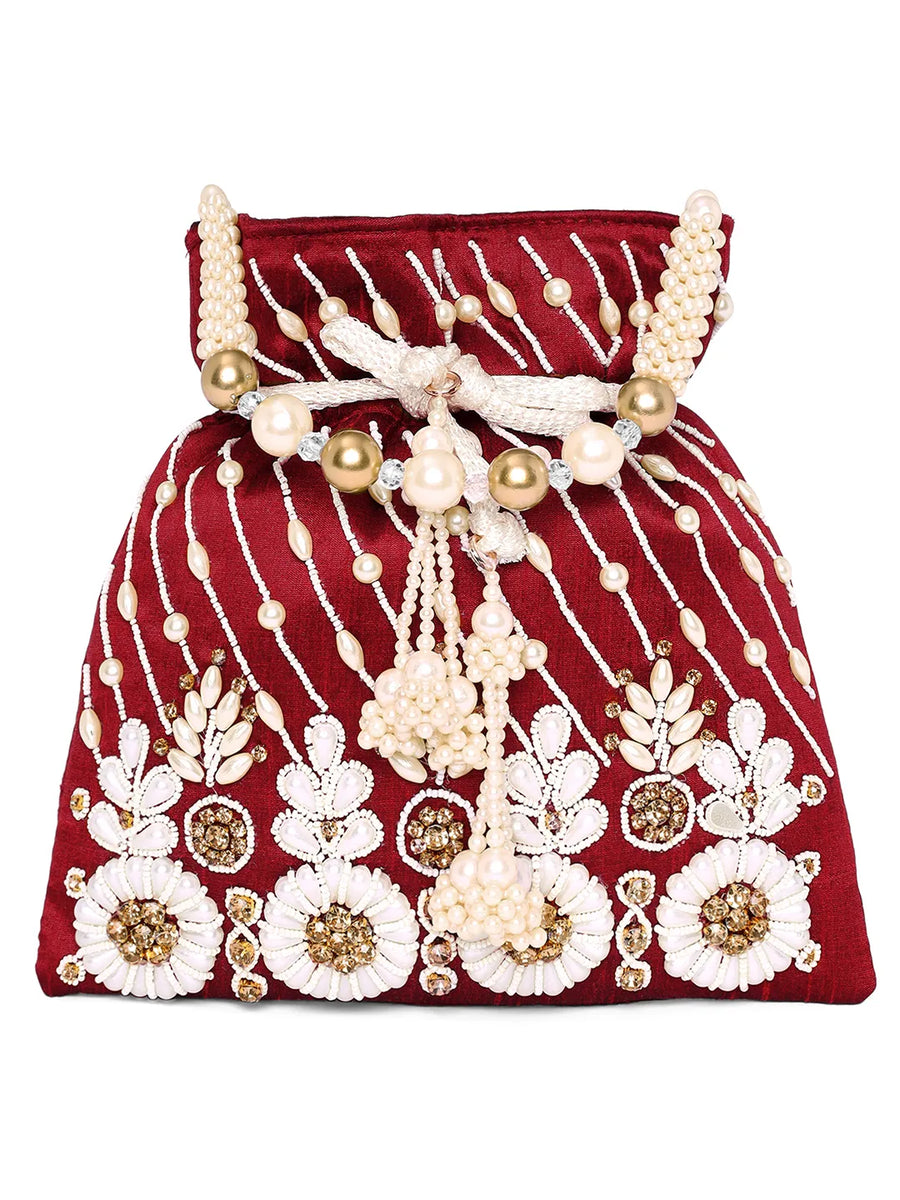 Floral Embroidered Pearl Potli Bag - Maroon