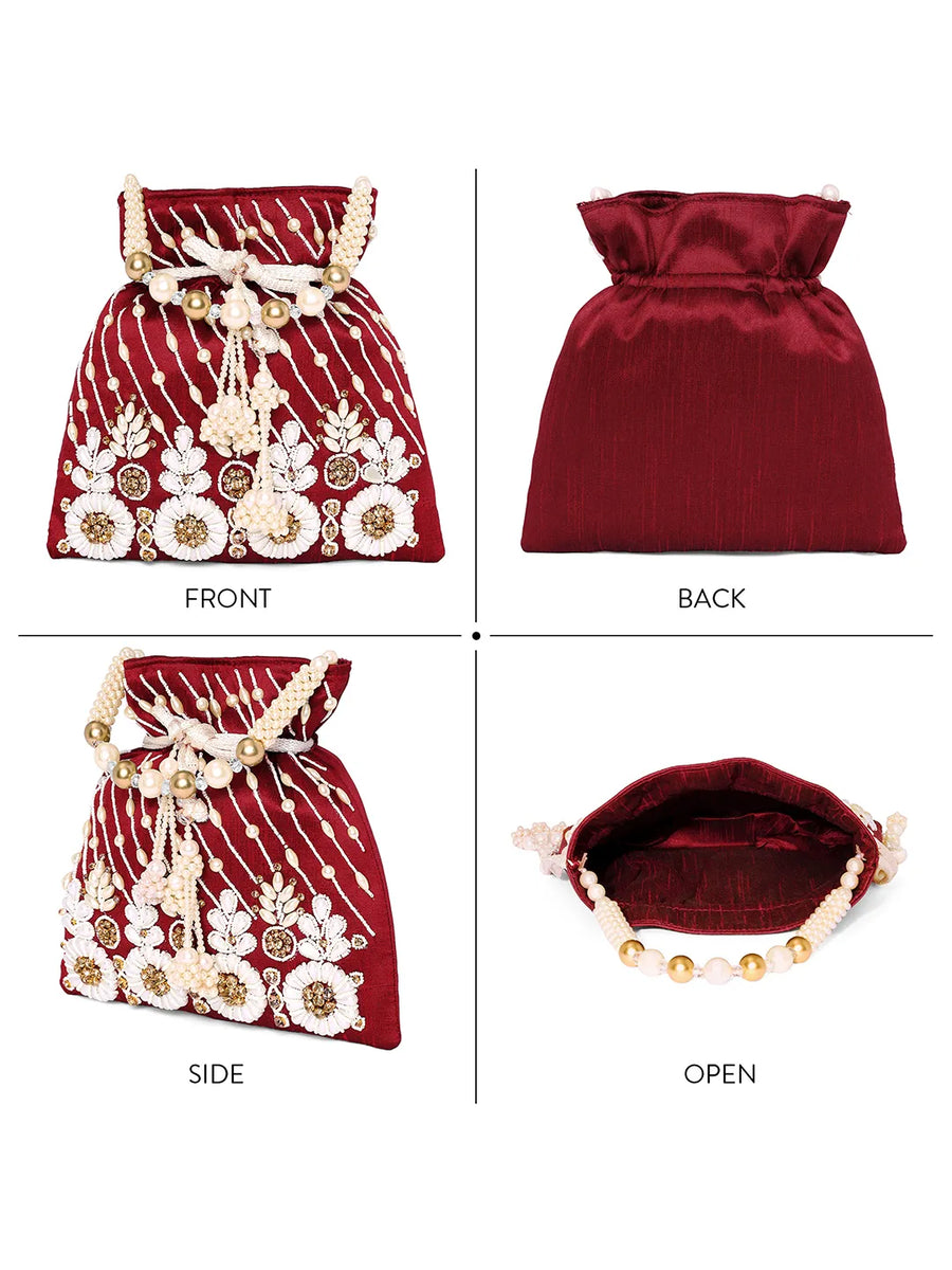 Floral Embroidered Pearl Potli Bag - Maroon