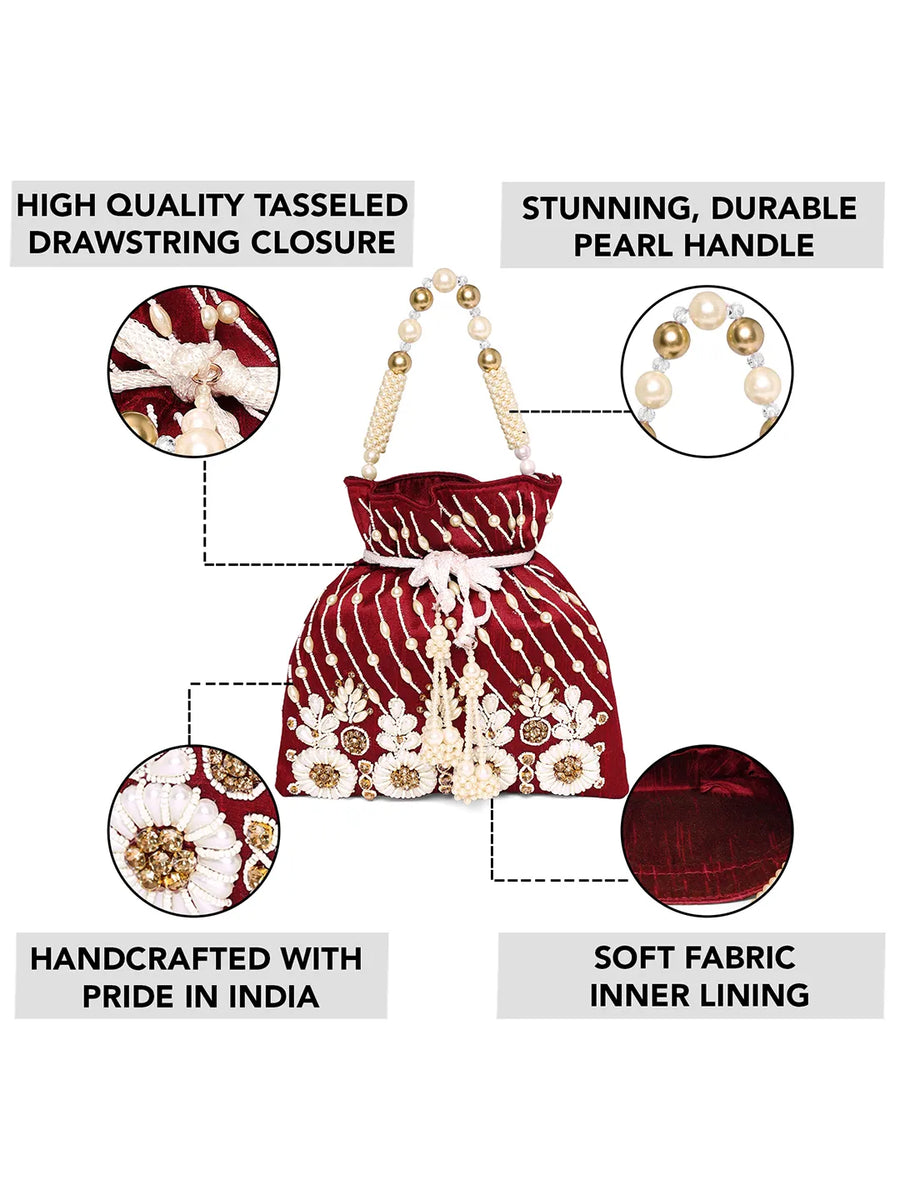 Floral Embroidered Pearl Potli Bag - Maroon