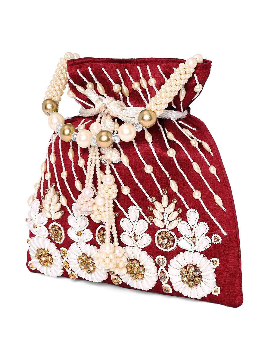 Floral Embroidered Pearl Potli Bag - Maroon