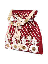 Floral Embroidered Pearl Potli Bag - Maroon