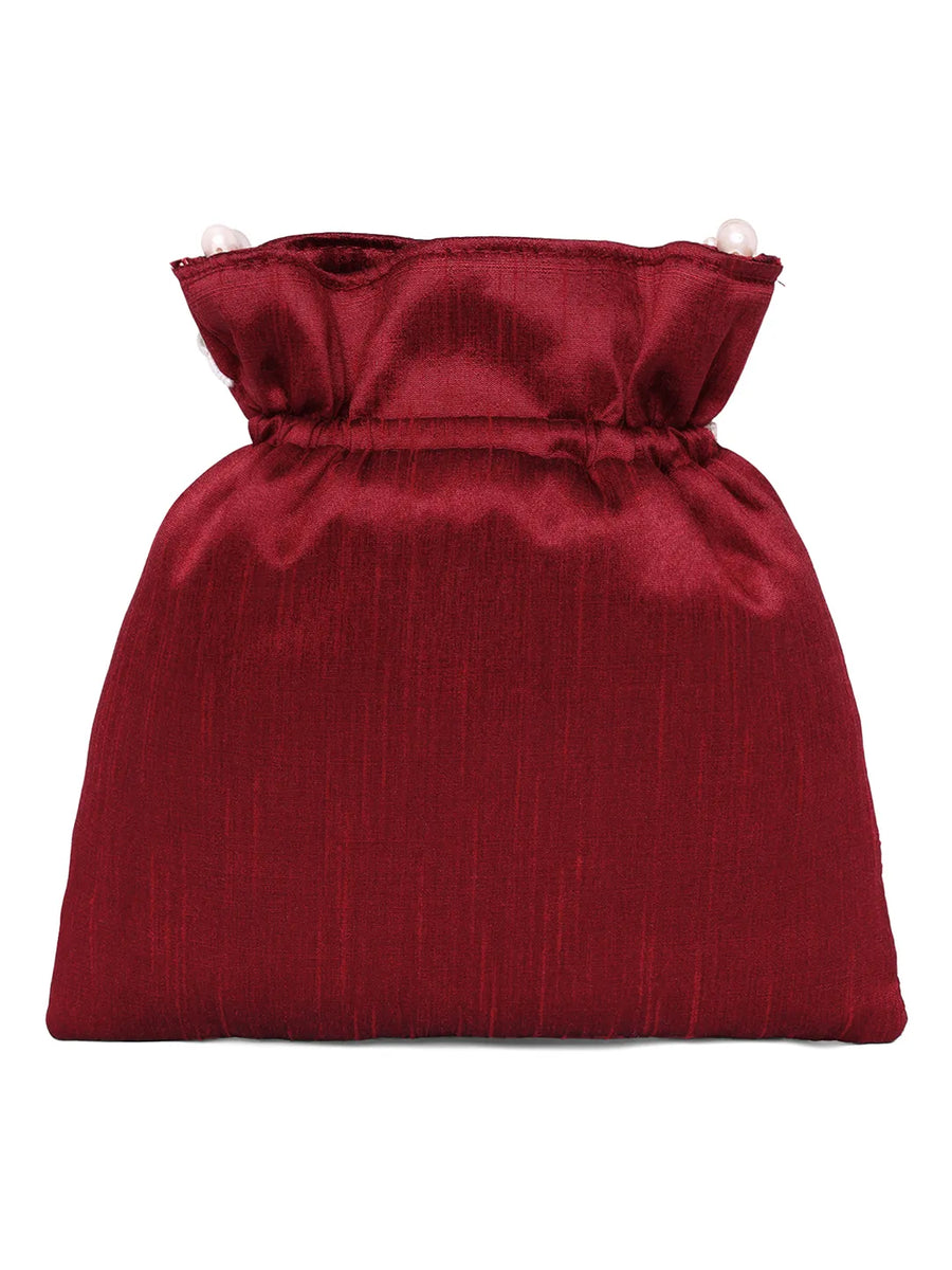 Floral Embroidered Pearl Potli Bag - Maroon