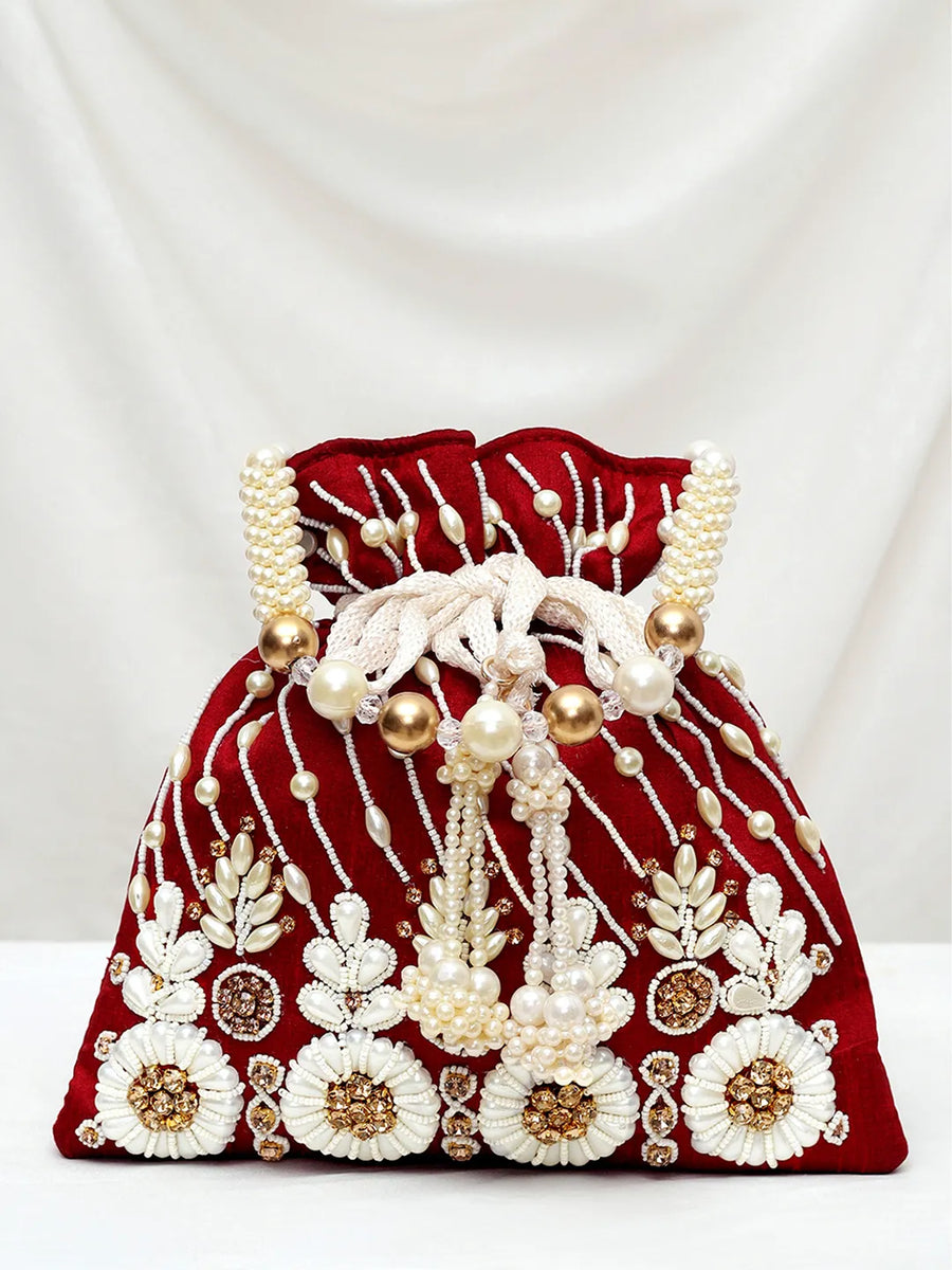 Floral Embroidered Pearl Potli Bag - Maroon