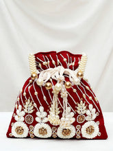 Floral Embroidered Pearl Potli Bag - Maroon