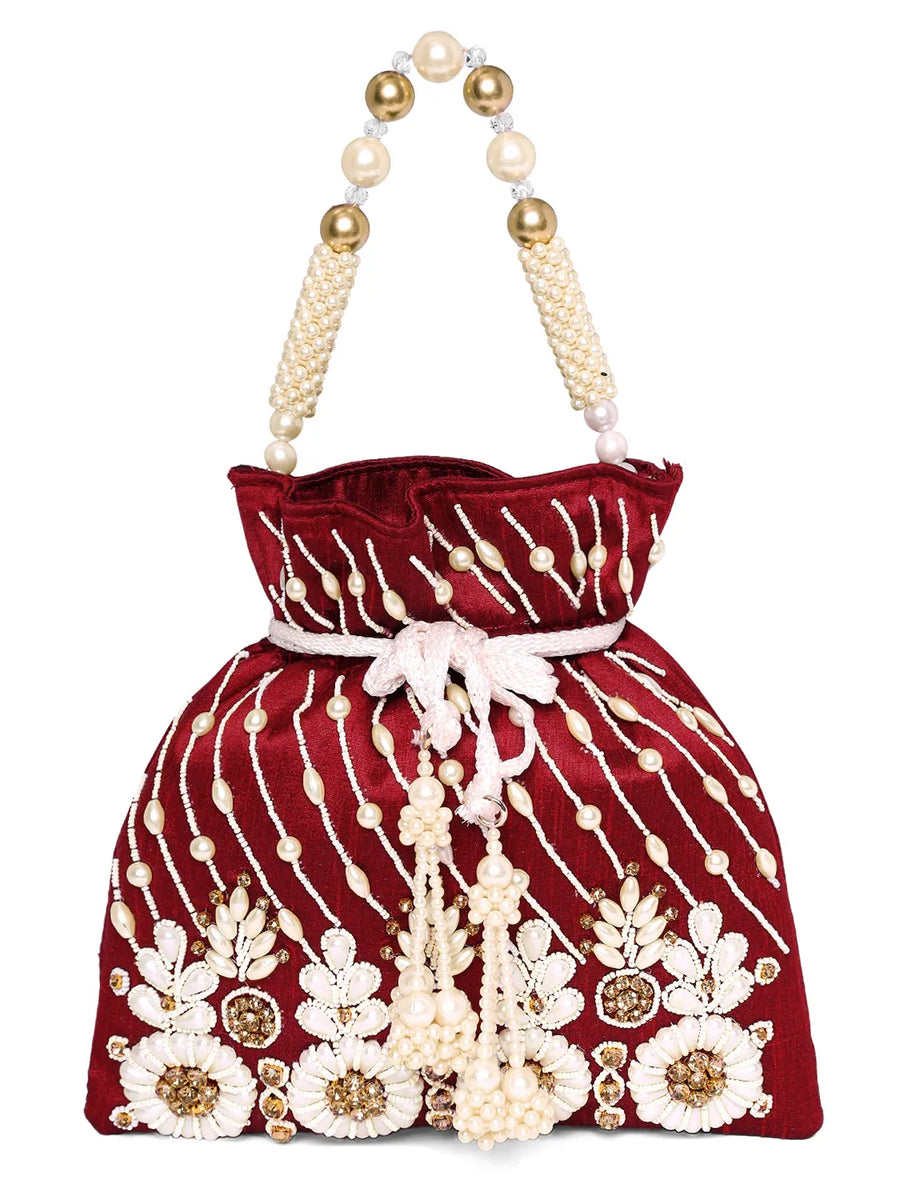 Floral Embroidered Pearl Potli Bag - Maroon