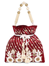 Floral Embroidered Pearl Potli Bag - Maroon