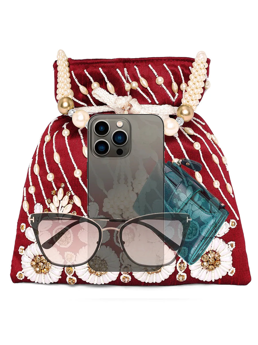Floral Embroidered Pearl Potli Bag - Maroon