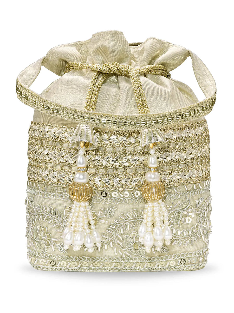 Peora Pearl Sequin Drawstring Potli Bag - Gold