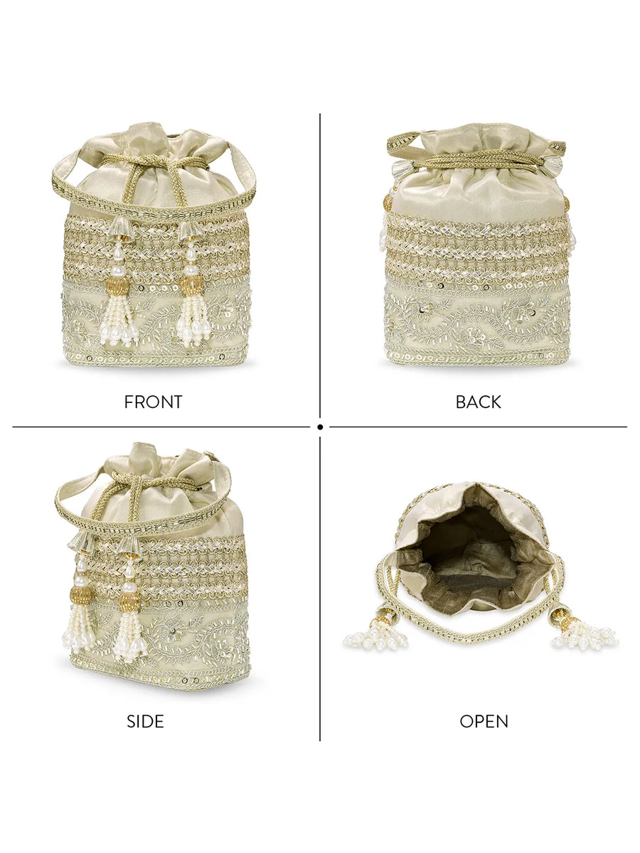Peora Pearl Sequin Drawstring Potli Bag - Gold