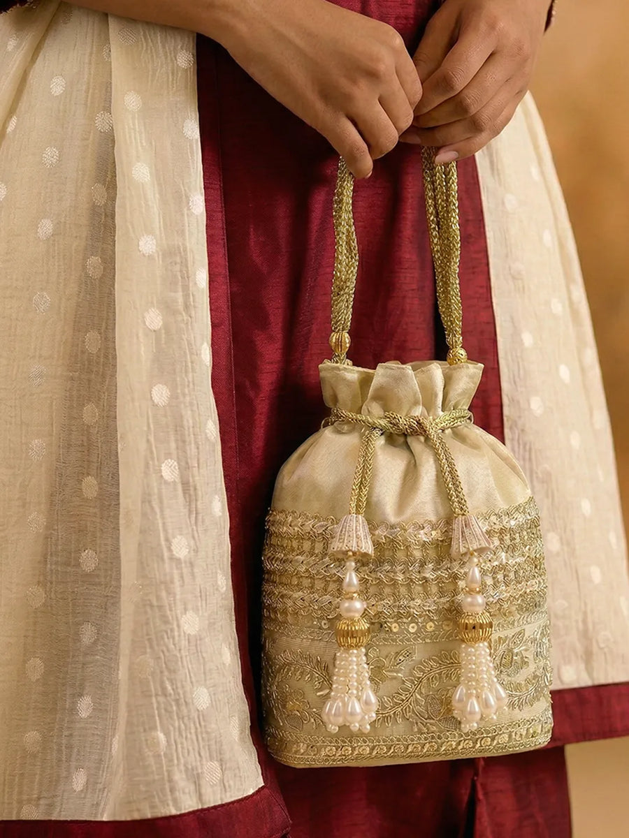 Peora Pearl Sequin Drawstring Potli Bag - Gold