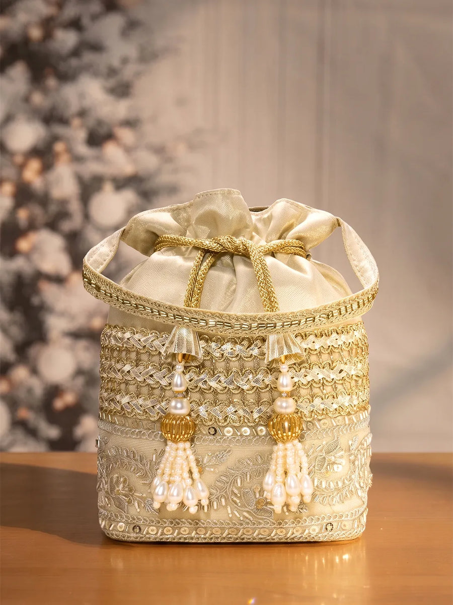 Peora Pearl Sequin Drawstring Potli Bag - Gold