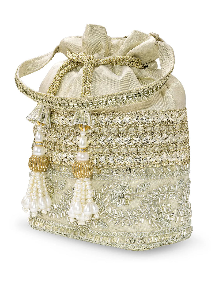 Peora Pearl Sequin Drawstring Potli Bag - Gold