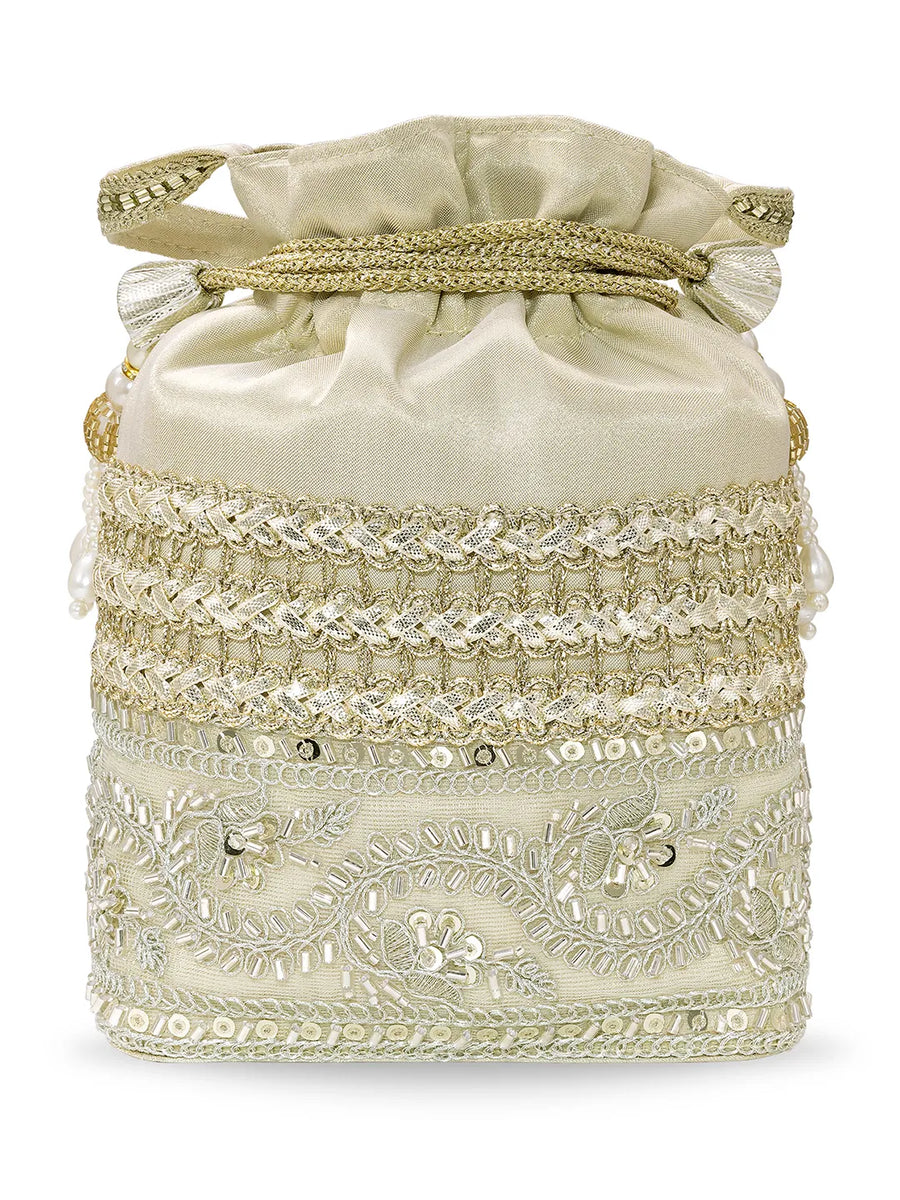 Peora Pearl Sequin Drawstring Potli Bag - Gold