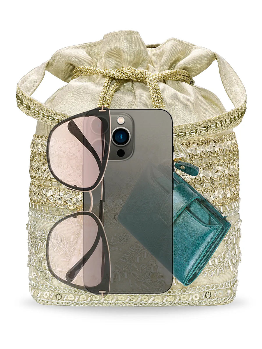 Peora Pearl Sequin Drawstring Potli Bag - Gold