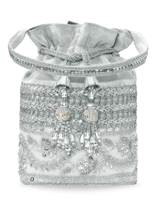 Peora Pearl Sequin Drawstring Potli Bag - Silver