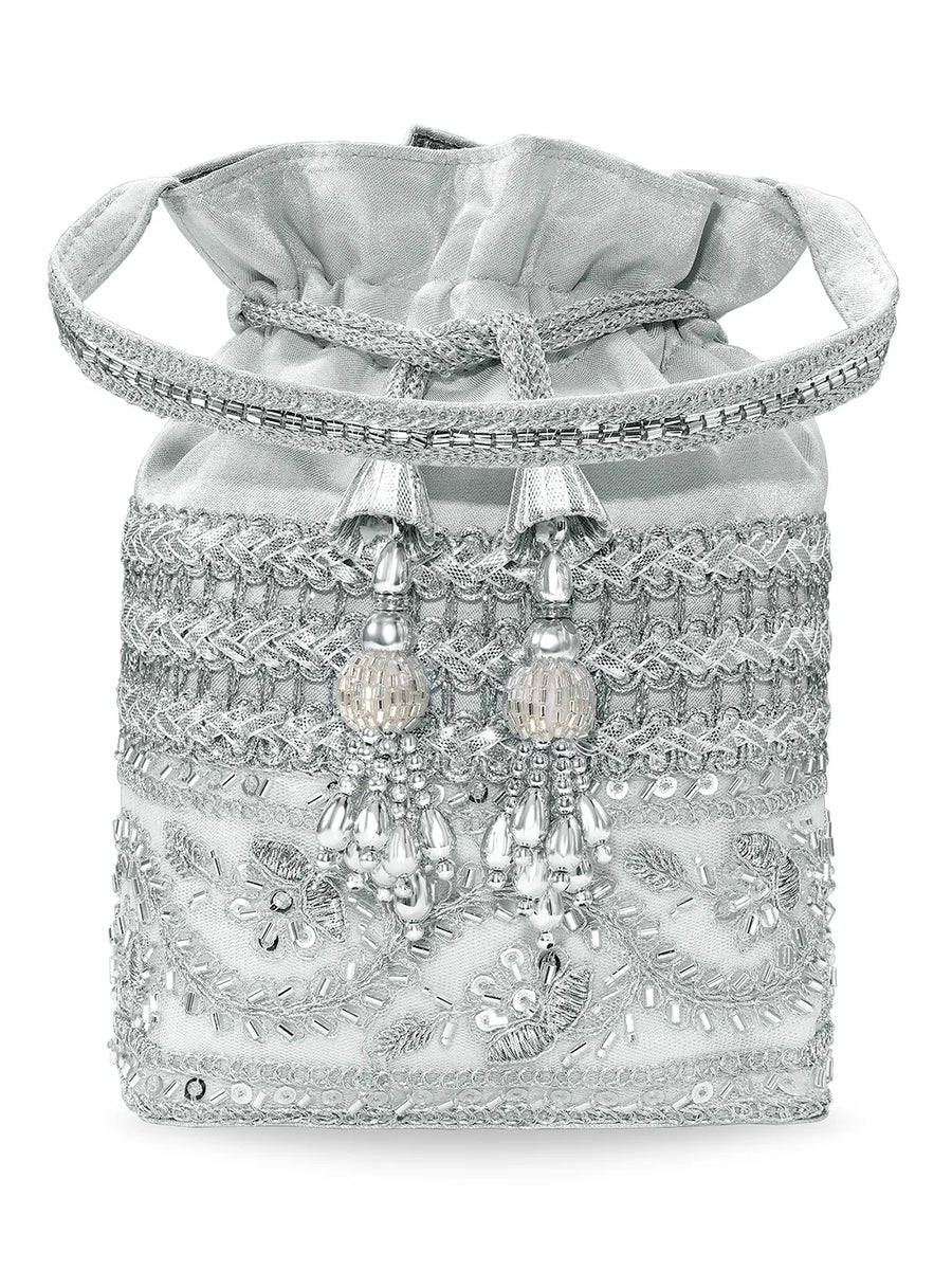 Peora Pearl Sequin Drawstring Potli Bag - Silver