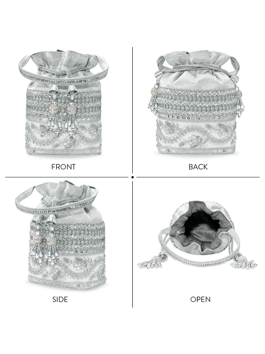 Peora Pearl Sequin Drawstring Potli Bag - Silver