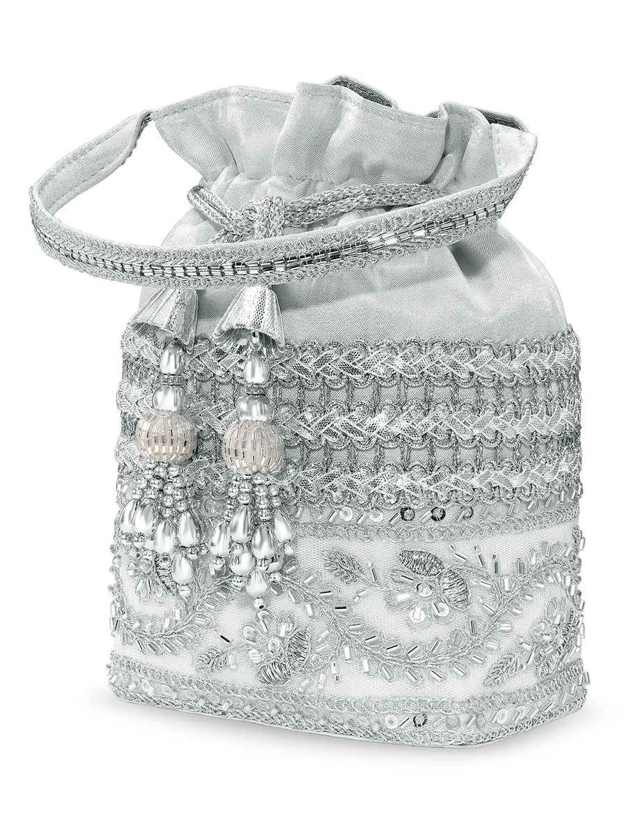 Peora Pearl Sequin Drawstring Potli Bag - Silver