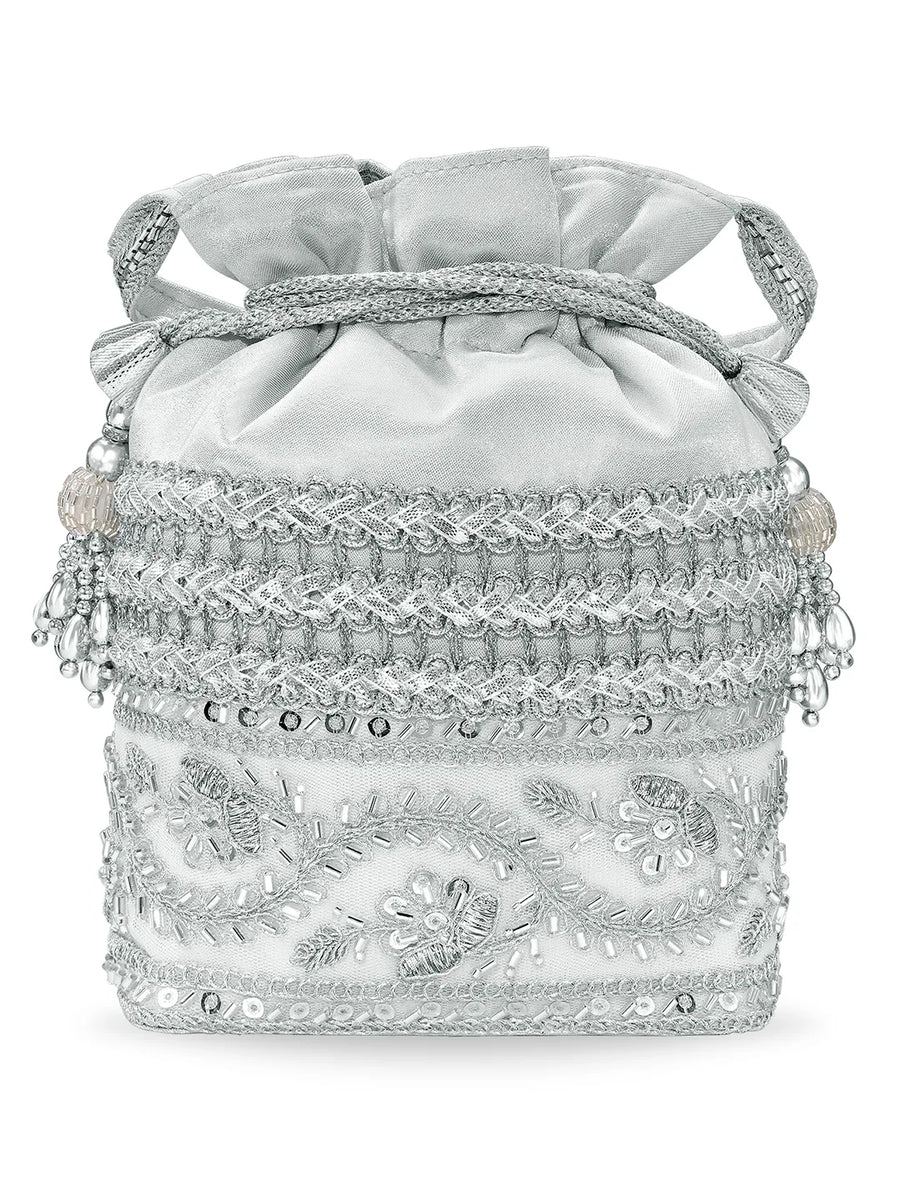 Peora Pearl Sequin Drawstring Potli Bag - Silver