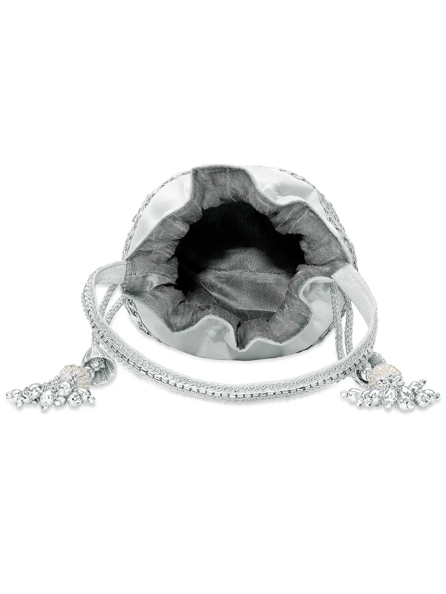 Peora Pearl Sequin Drawstring Potli Bag - Silver