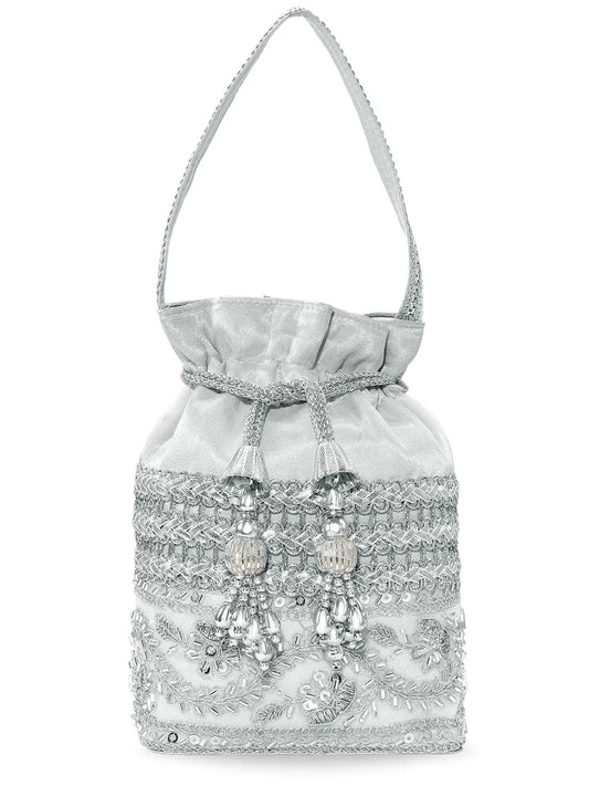 Peora Pearl Sequin Drawstring Potli Bag - Silver