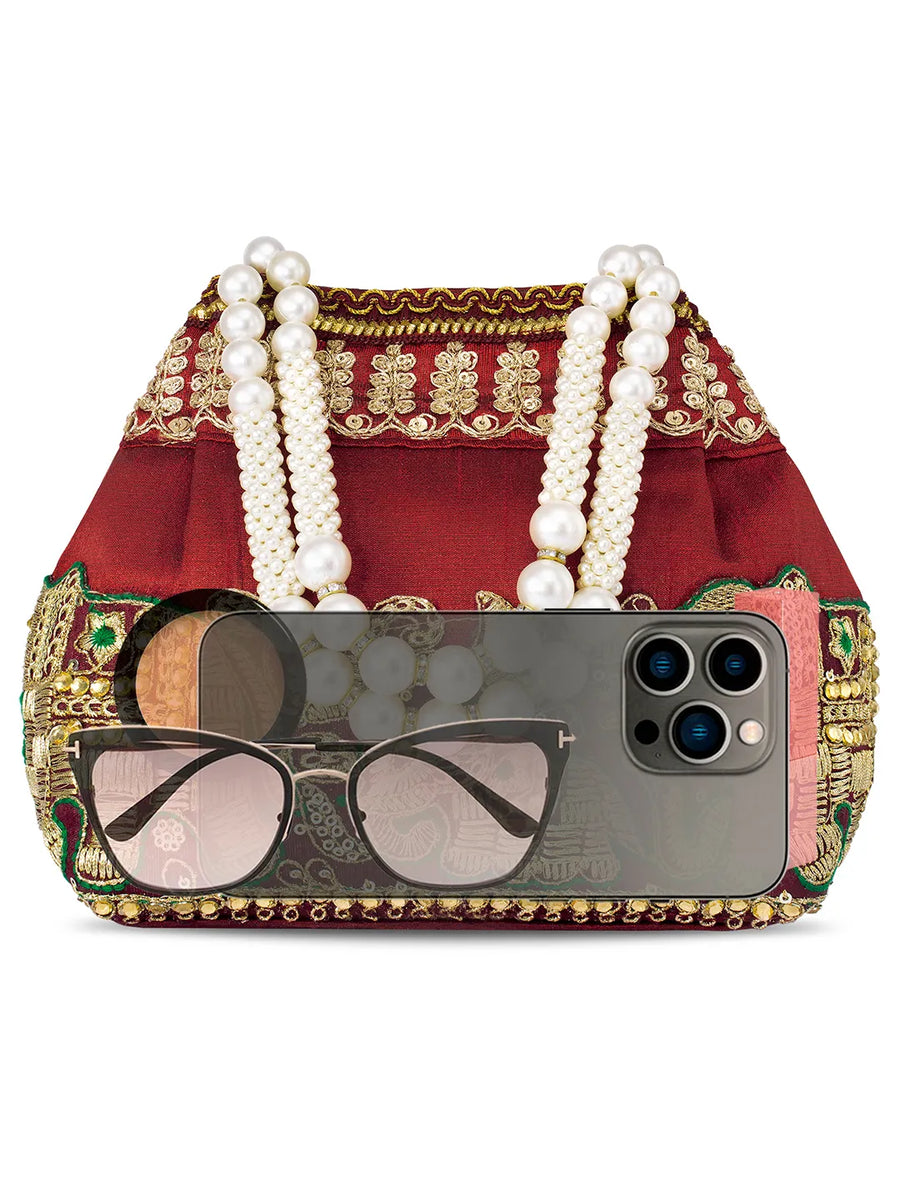 Timeless Zari Embroidery Potli Bag - Maroon