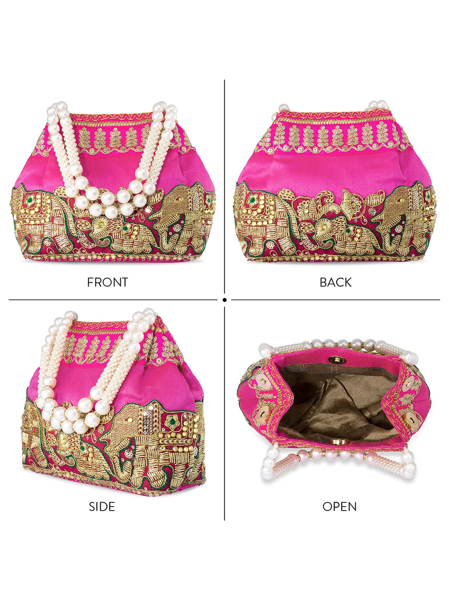 Timeless Zari Embroidery Potli Bag - Rani Pink