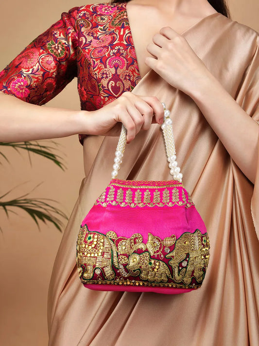 Timeless Zari Embroidery Potli Bag - Rani Pink