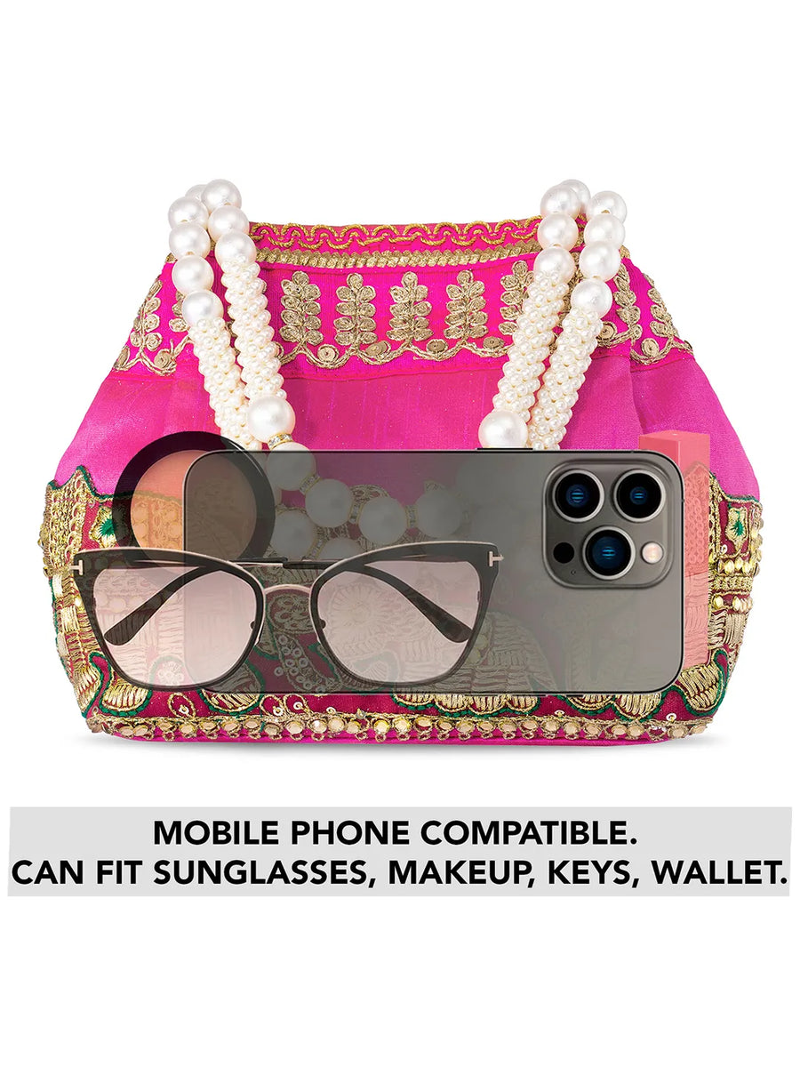 Timeless Zari Embroidery Potli Bag - Rani Pink